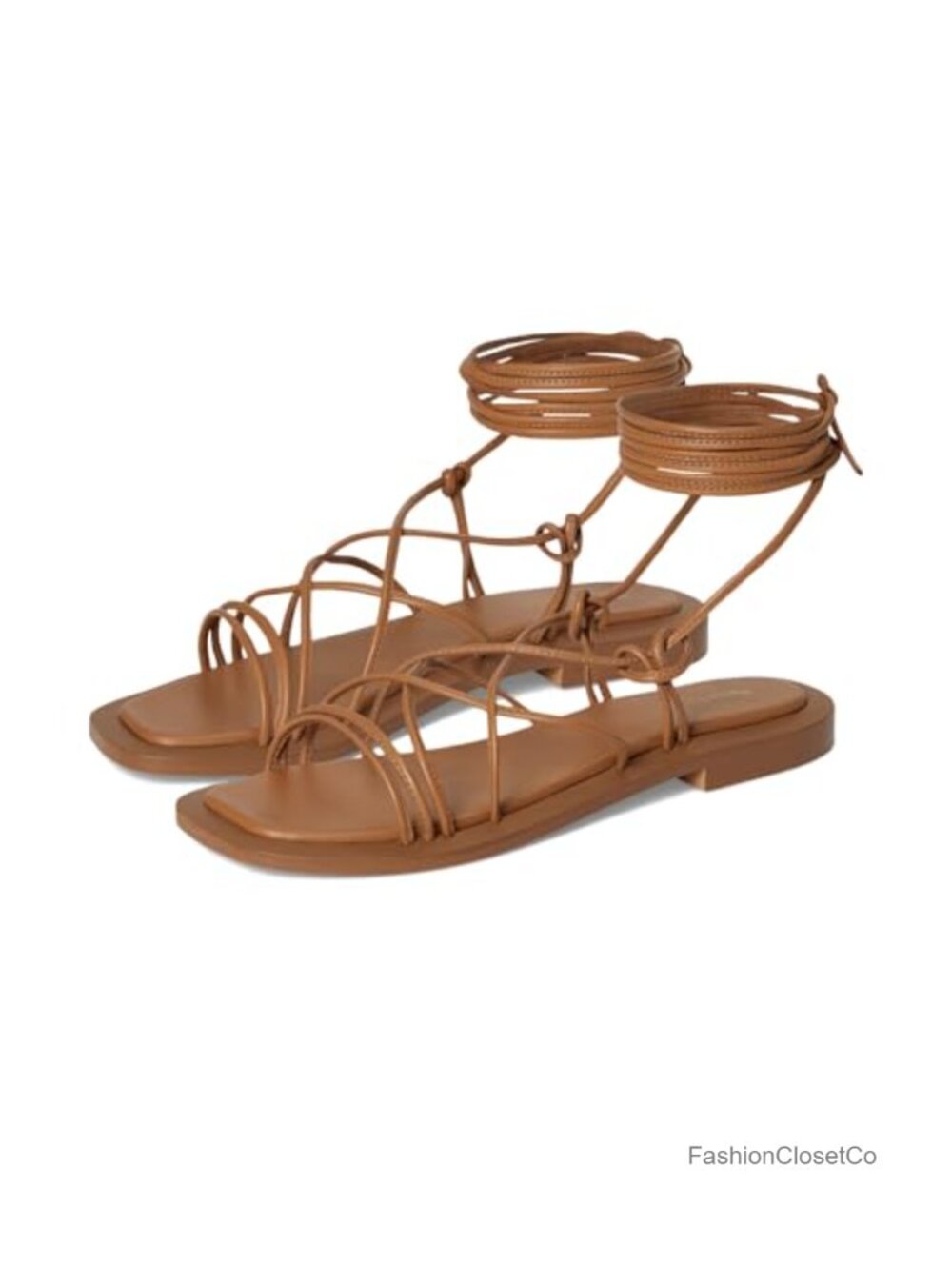 Leather Gladiator Flat Sandals Adjustable Ankle Wrap Cushioned Footbed - Picture 1 of 6